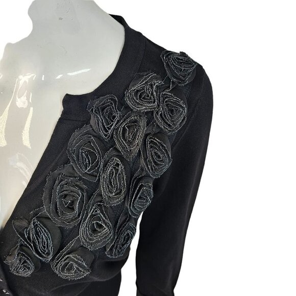 Cyrus Black Rose Embellished Short Cardigan 3/4 Slv Viscose Nylon Knit Womens M - Picture 8 of 11
